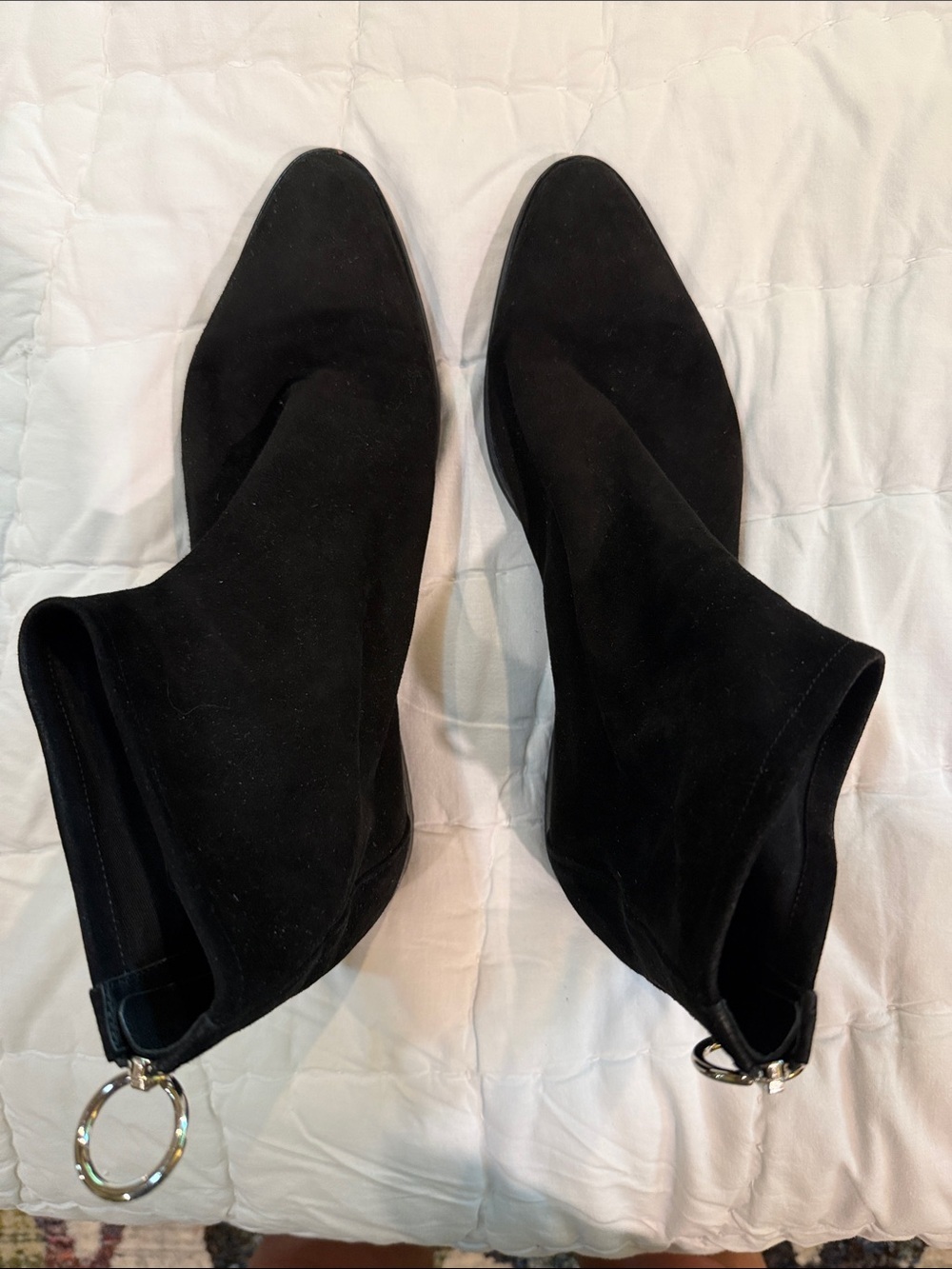 Via Spiga Black Suede Ankle Booties with Ring Accent